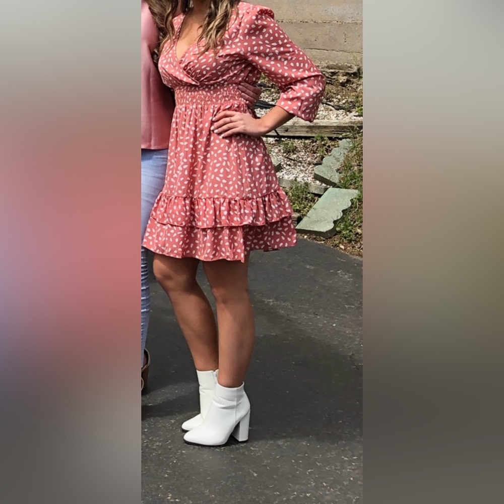 Women’s Rust Pink Printed Long-Sleeve Smocked Waist Dress